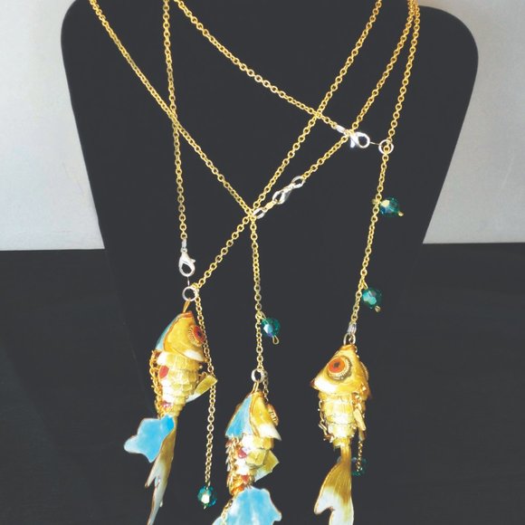 Exodus Necklace - Tropical Holiday14K 3 Gold Blue Fishes Necklace - 3 chains - Picture 1 of 2